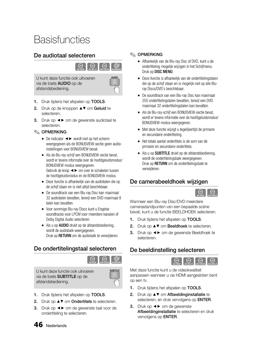 Samsung BD-C5300/XEN, BD-C5300/EDC De audiotaal selecteren, De ondertitelingstaal selecteren, De camerabeeldhoek wijzigen 