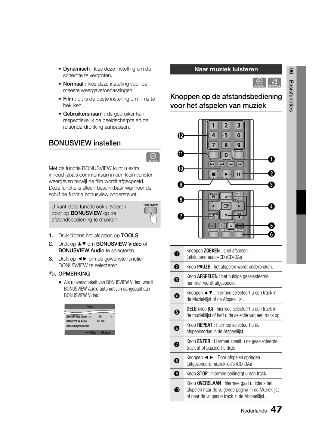 Samsung BD-C5300/XEF, BD-C5300/EDC, BD-C5300/XEN, BD-C5300/XEE manual Bonusview instellen, Naar muziek luisteren 