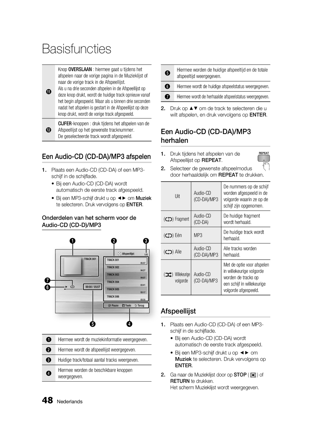 Samsung BD-C5300/XEE Een Audio-CD CD-DA/MP3 herhalen, Afspeellijst, Onderdelen van het scherm voor de Audio-CDCD-D/MP3 