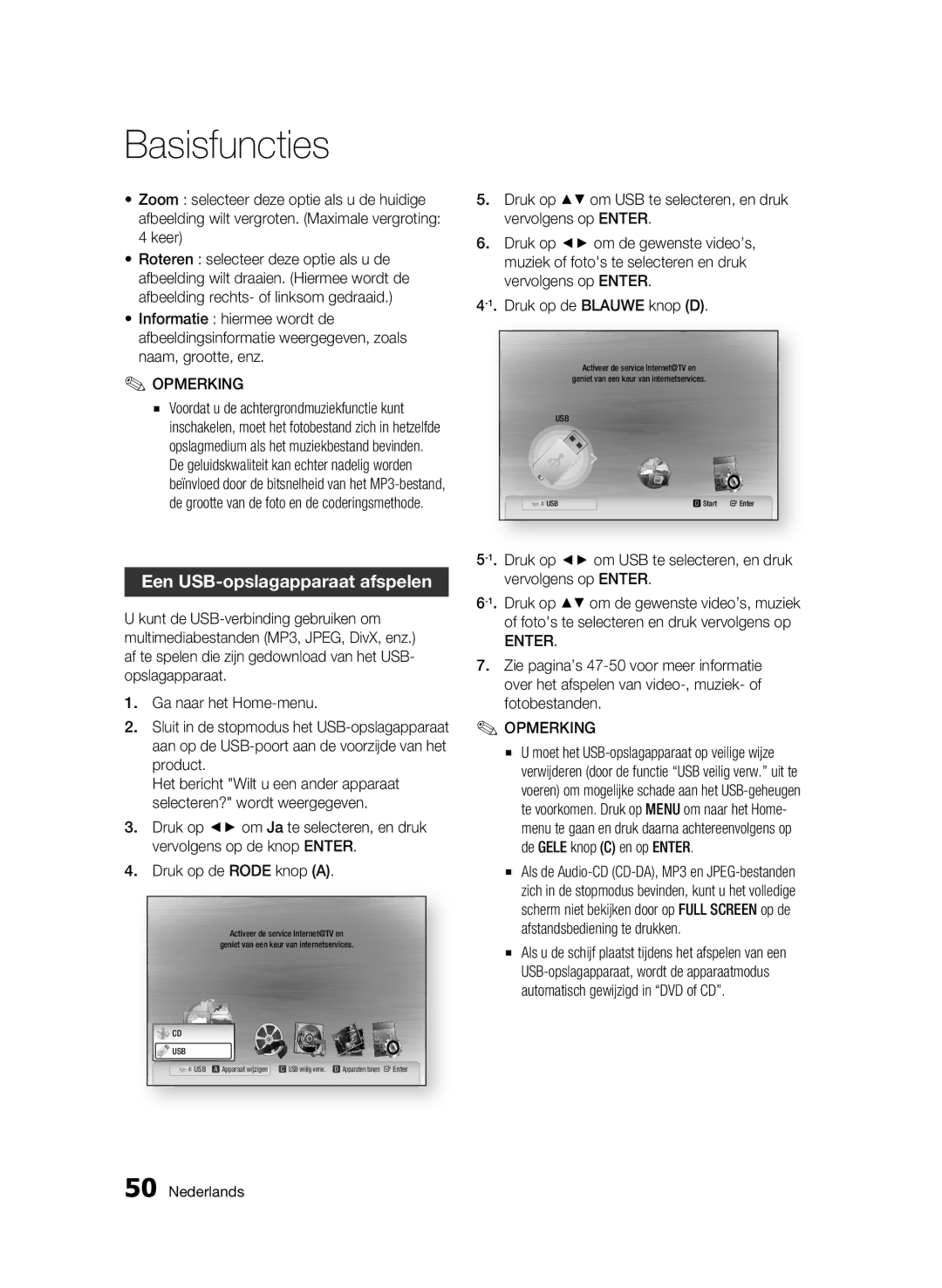 Samsung BD-C5300/XEN manual Een USB-opslagapparaat afspelen, Druk op om USB te selecteren, en druk vervolgens op Enter 