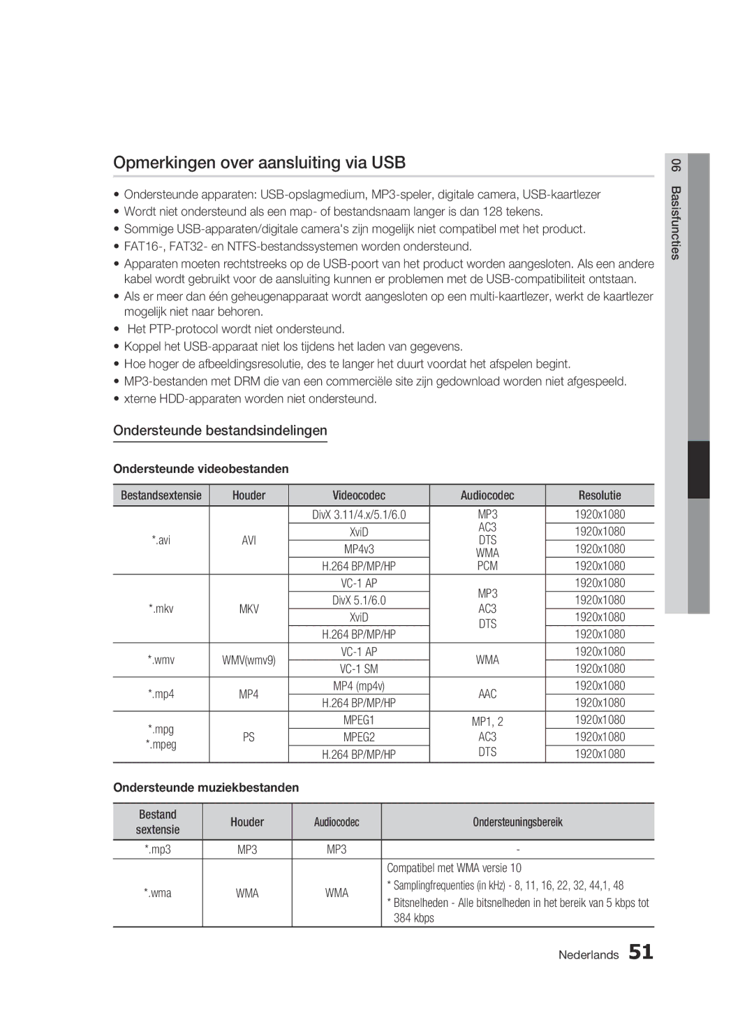 Samsung BD-C5300/XEF Opmerkingen over aansluiting via USB, Ondersteunde bestandsindelingen, Compatibel met WMA versie 