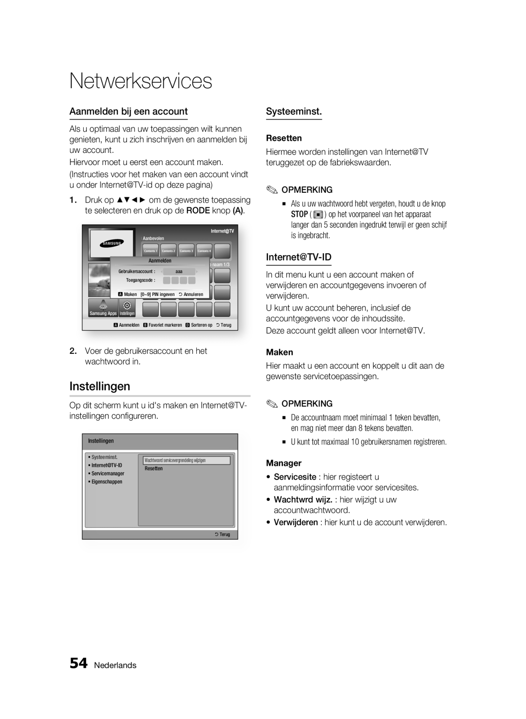 Samsung BD-C5300/XEN, BD-C5300/EDC, BD-C5300/XEF manual Instellingen, Aanmelden bij een account, Systeeminst, Resetten, Maken 