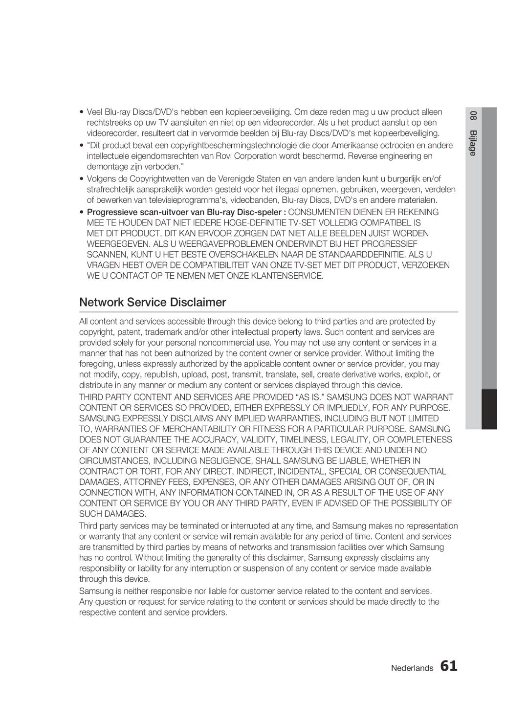 Samsung BD-C5300/EDC, BD-C5300/XEN, BD-C5300/XEF, BD-C5300/XEE manual Network Service Disclaimer 