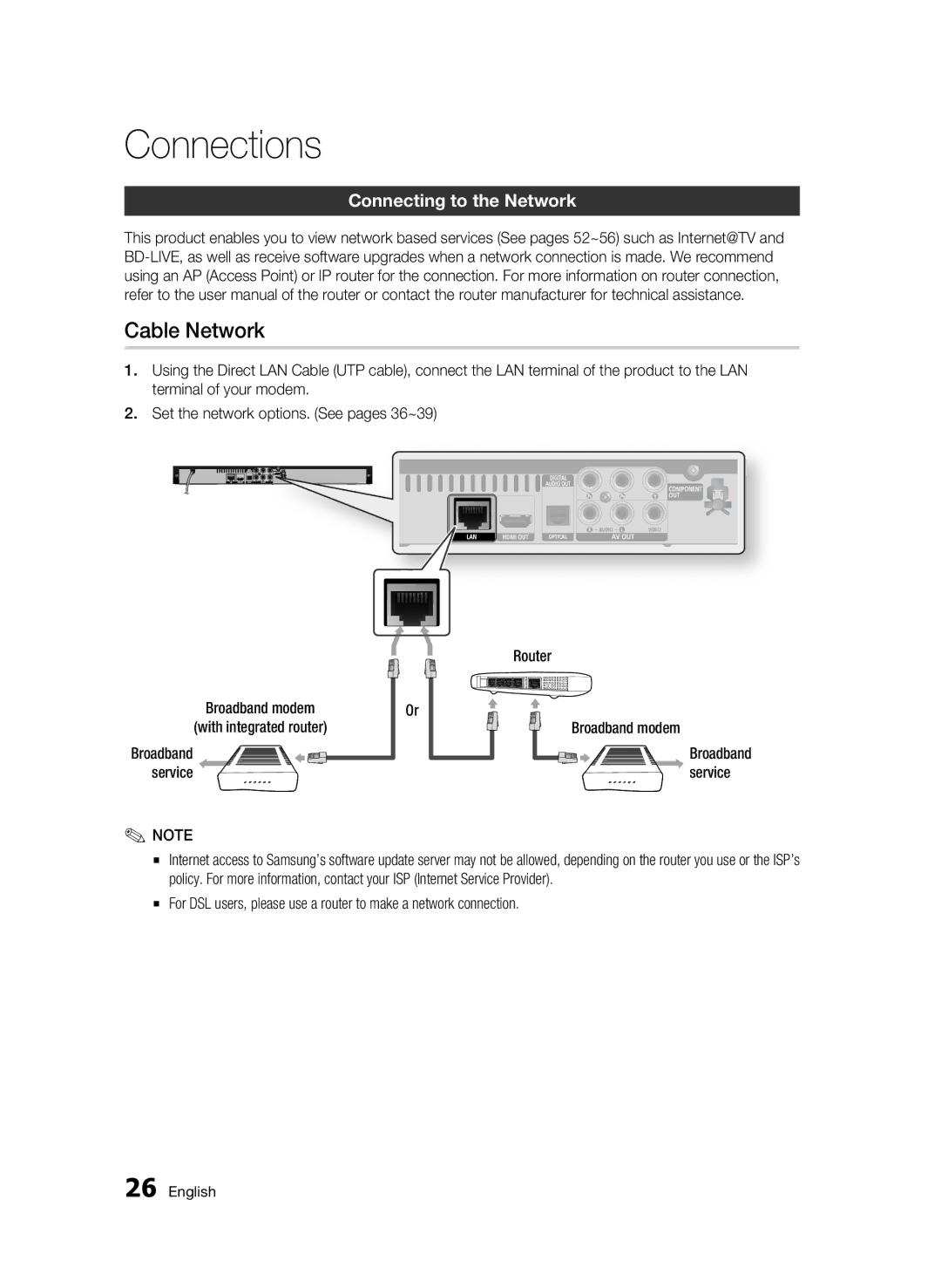 Samsung BD-C5300/XEF, BD-C5300/EDC, BD-C5300/XEN, BD-C5300/XEE manual Cable Network, Connecting to the Network, Service 