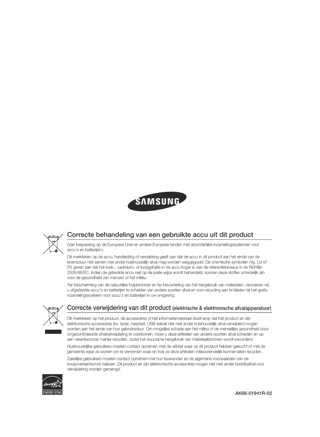 Samsung BD-C5300/XEN, BD-C5300/EDC manual Correcte behandeling van een gebruikte accu uit dit product, AK68-01941R-02 