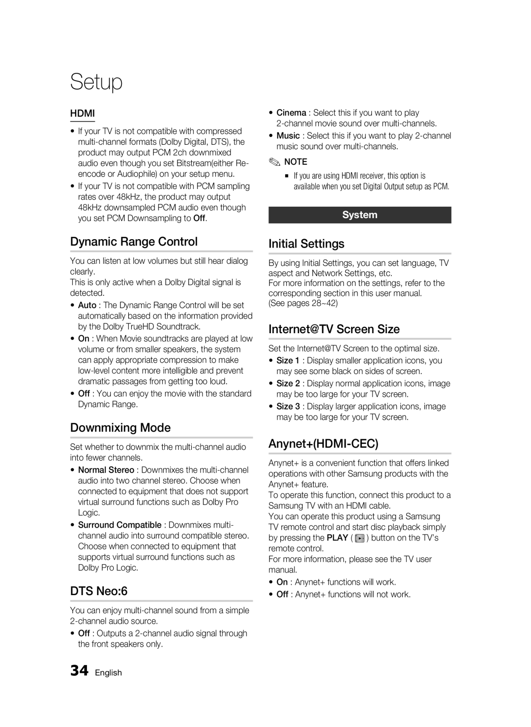 Samsung BD-C5300/XEF manual Dynamic Range Control, Downmixing Mode, DTS Neo6, Initial Settings, Internet@TV Screen Size 