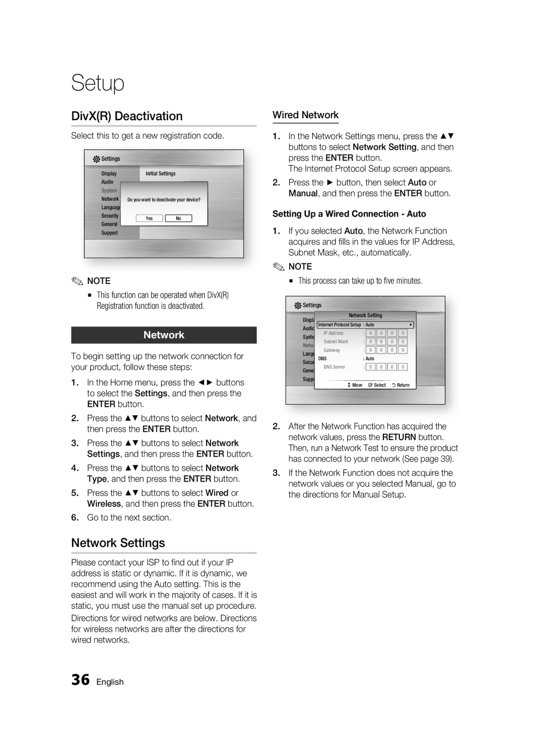 Samsung BD-C5300/EDC, BD-C5300/XEN DivXR Deactivation, Network Settings, Wired Network, Setting Up a Wired Connection Auto 