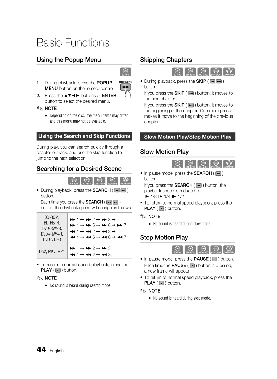 Samsung BD-C5300/EDC manual Using the Popup Menu, Skipping Chapters, Searching for a Desired Scene, Slow Motion Play 