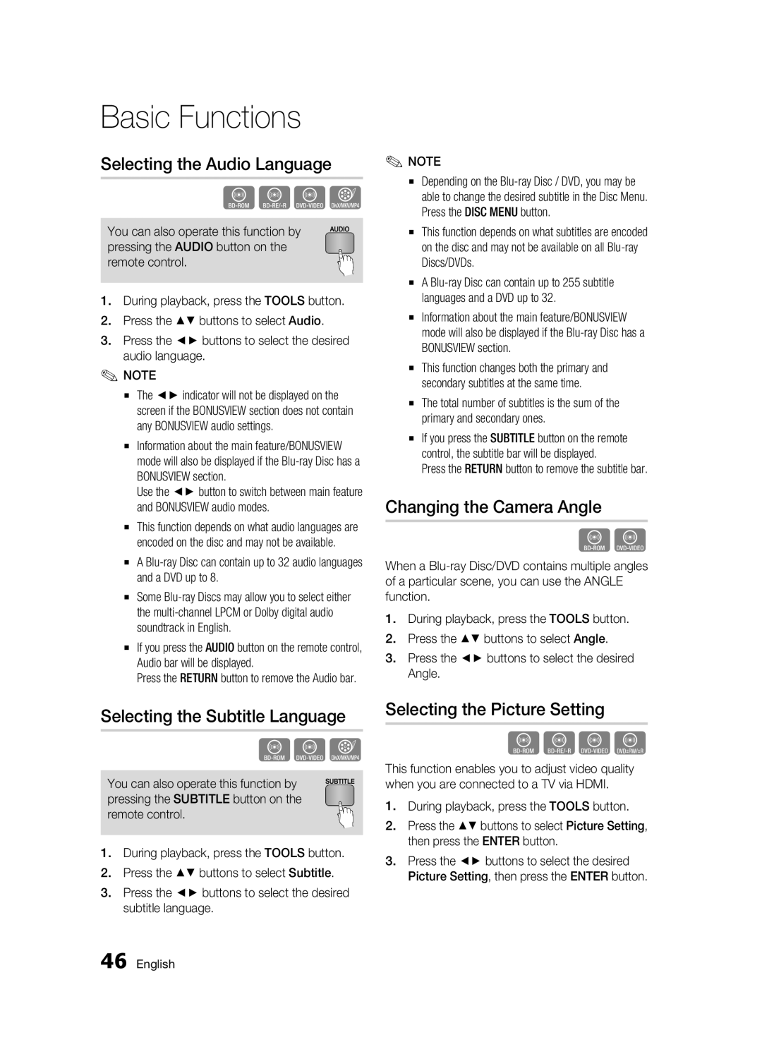 Samsung BD-C5300/XEF manual Selecting the Audio Language, Selecting the Subtitle Language, Changing the Camera Angle 