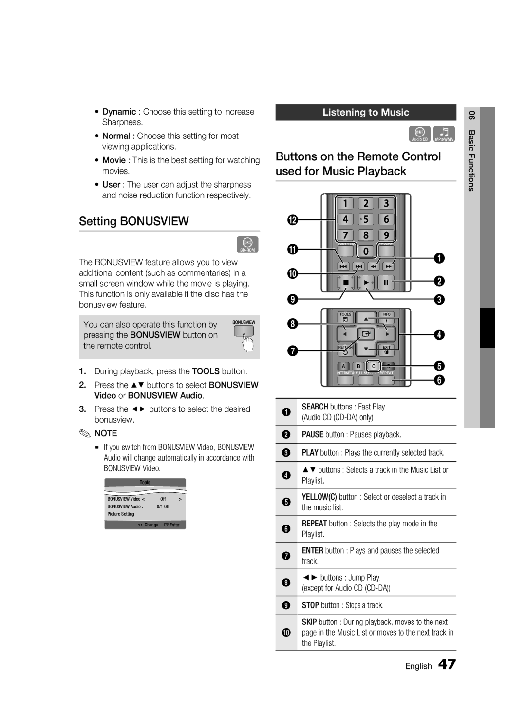 Samsung BD-C5300/XEE manual Setting Bonusview, Buttons on the Remote Control used for Music Playback, Listening to Music 