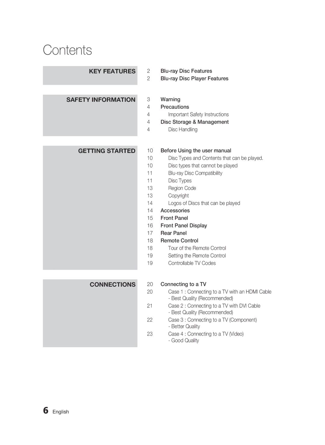 Samsung BD-C5300/XEF, BD-C5300/EDC, BD-C5300/XEN, BD-C5300/XEE manual Contents 