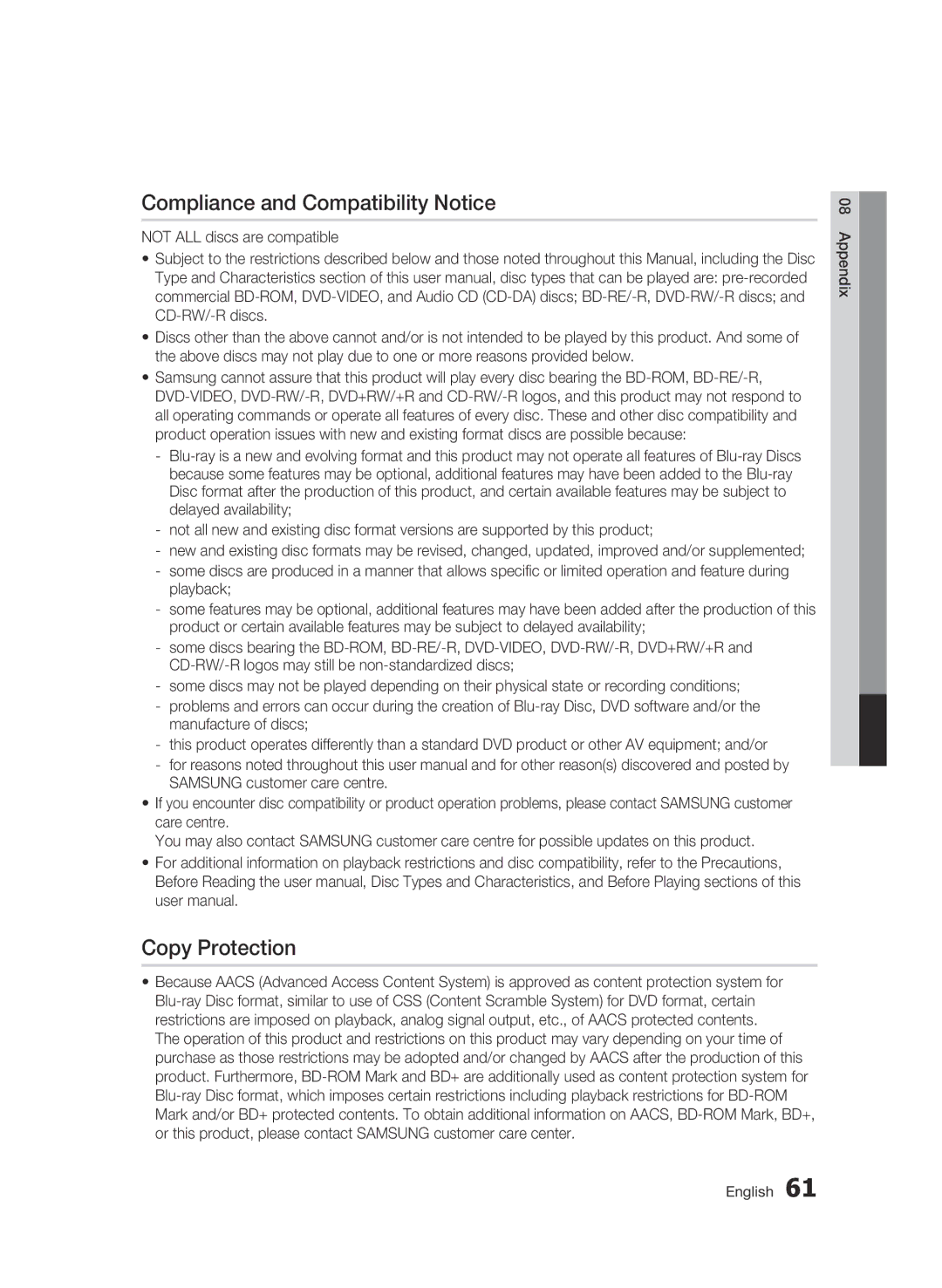 Samsung BD-C5300/XEN, BD-C5300/EDC, BD-C5300/XEF, BD-C5300/XEE manual Compliance and Compatibility Notice, Copy Protection 