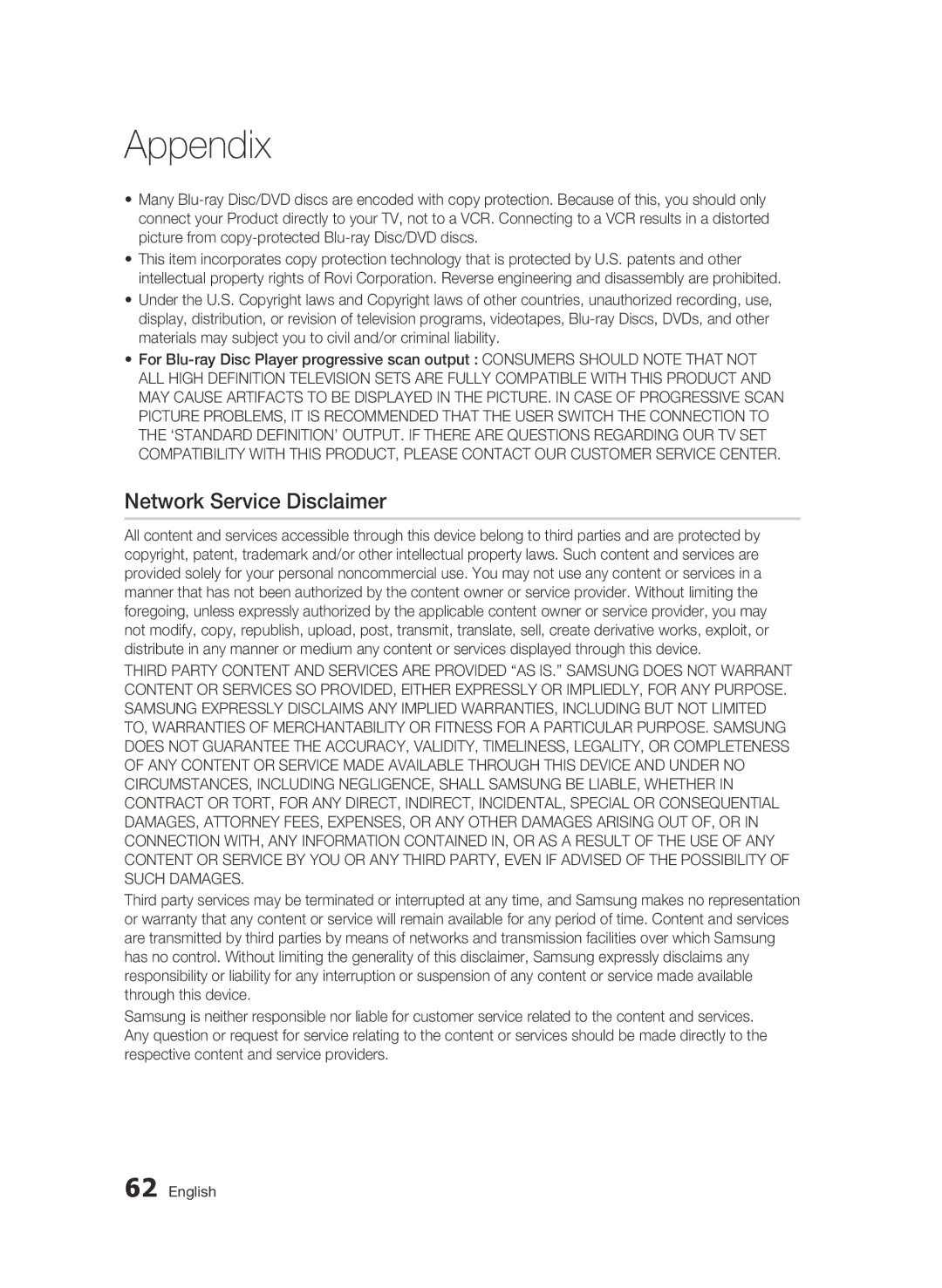 Samsung BD-C5300/XEF, BD-C5300/EDC, BD-C5300/XEN, BD-C5300/XEE manual Network Service Disclaimer 