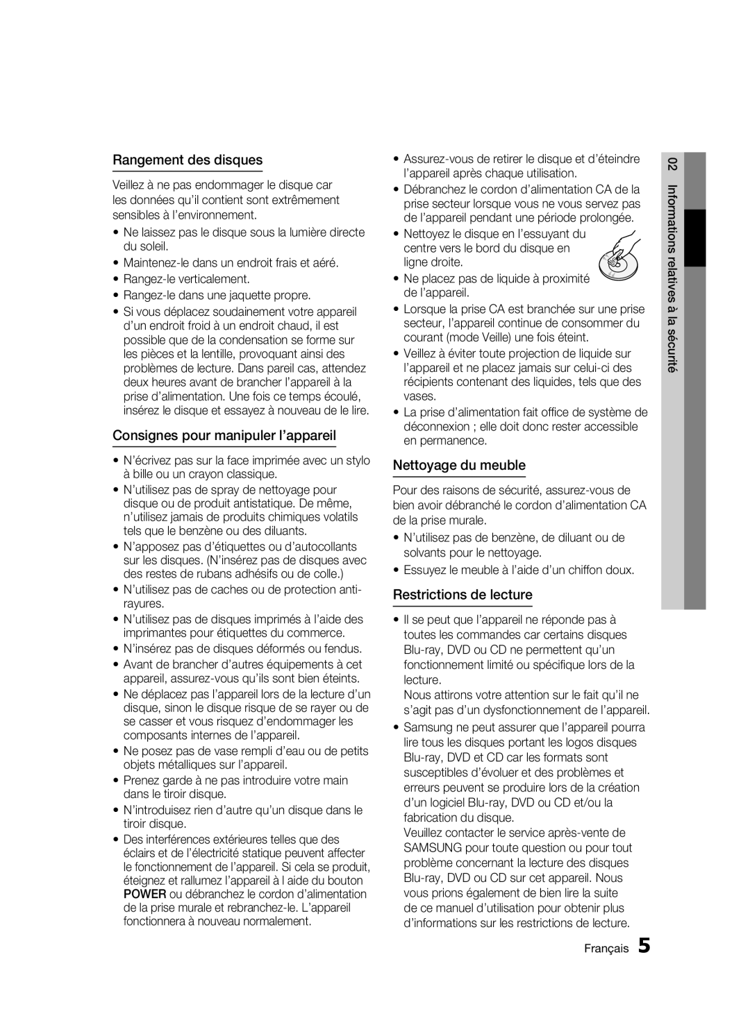 Samsung BD-C5300/XEF, BD-C5300/EDC manual Rangement des disques, Consignes pour manipuler l’appareil, Nettoyage du meuble 