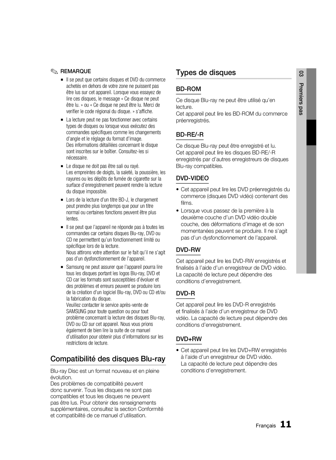 Samsung BD-C5300/EDC manual Compatibilité des disques Blu-ray, Types de disques, Le disque ne doit pas être sali ou rayé 