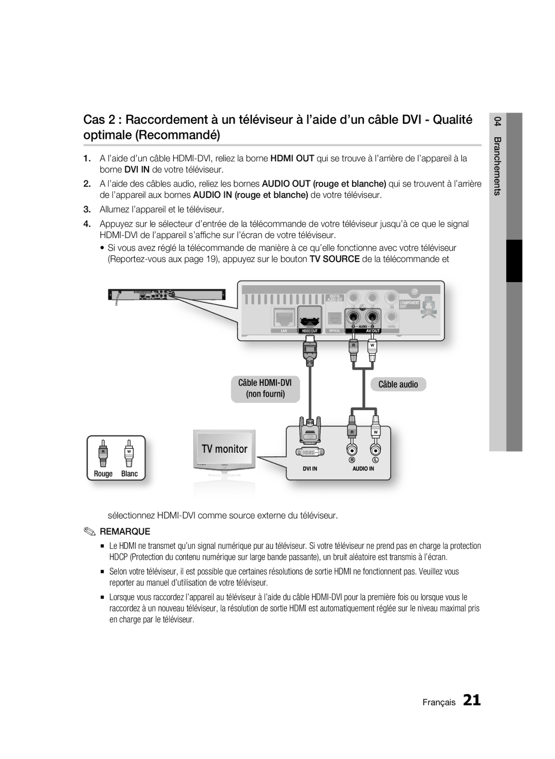 Samsung BD-C5300/XEF, BD-C5300/EDC manual Câble audio, Sélectionnez HDMI-DVI comme source externe du téléviseur, Rouge Blanc 