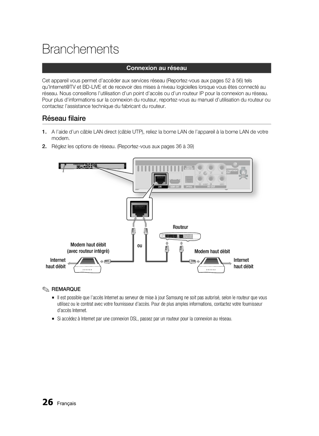 Samsung BD-C5300/XEE, BD-C5300/EDC, BD-C5300/XEN, BD-C5300/XEF manual Réseau filaire, Connexion au réseau 