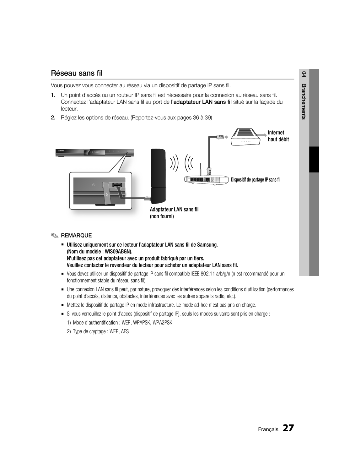 Samsung BD-C5300/EDC, BD-C5300/XEN, BD-C5300/XEF, BD-C5300/XEE manual Réseau sans fil, Adaptateur LAN sans fil non fourni 