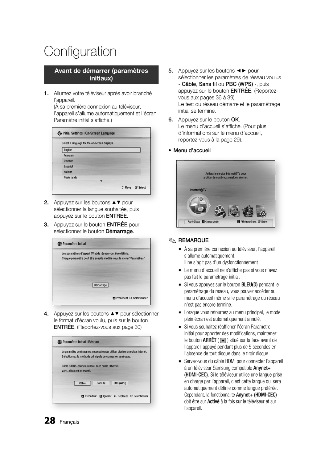 Samsung BD-C5300/XEN, BD-C5300/EDC, BD-C5300/XEF manual Configuration, Avant de démarrer paramètres Initiaux, Menu d’accueil 