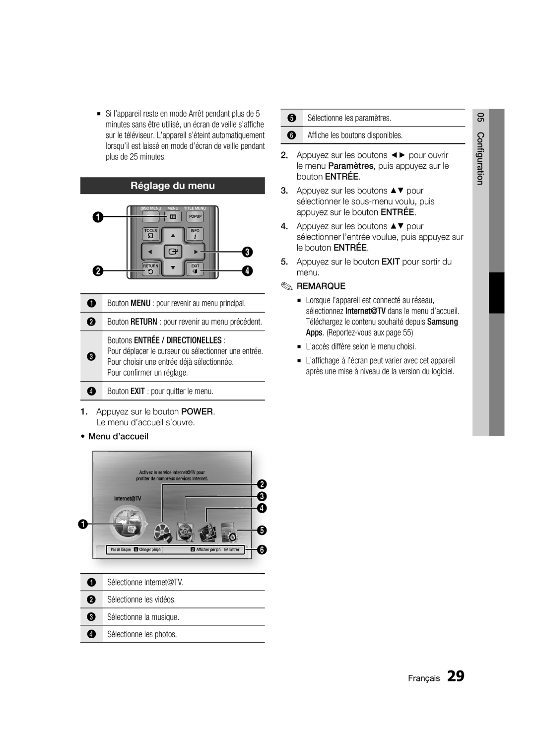 Samsung BD-C5300/XEF, BD-C5300/EDC Réglage du menu, Bouton Exit pour quitter le menu, ’accès diffère selon le menu choisi 