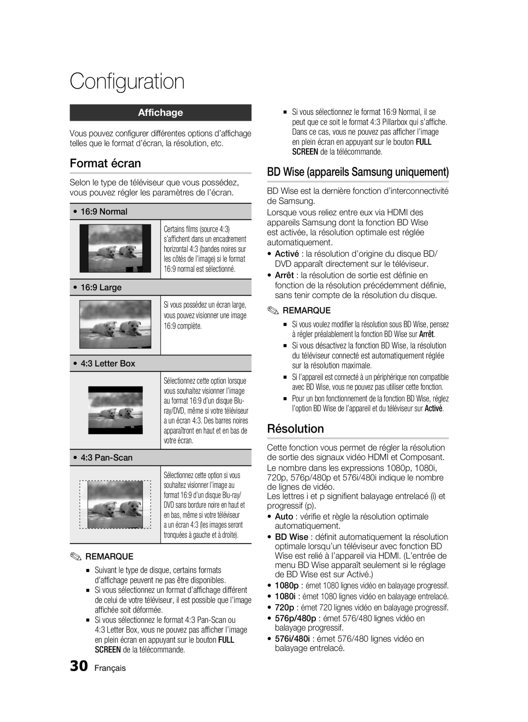 Samsung BD-C5300/XEE, BD-C5300/EDC, BD-C5300/XEN, BD-C5300/XEF manual Format écran, Résolution, Affichage, Large 