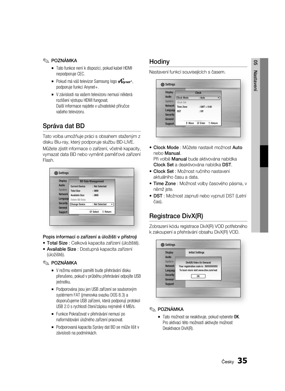 Samsung BD-C5300/XEE, BD-C5300/EDC manual Správa dat BD, Hodiny, Registrace DivXR, Nastavení funkcí souvisejících s časem 