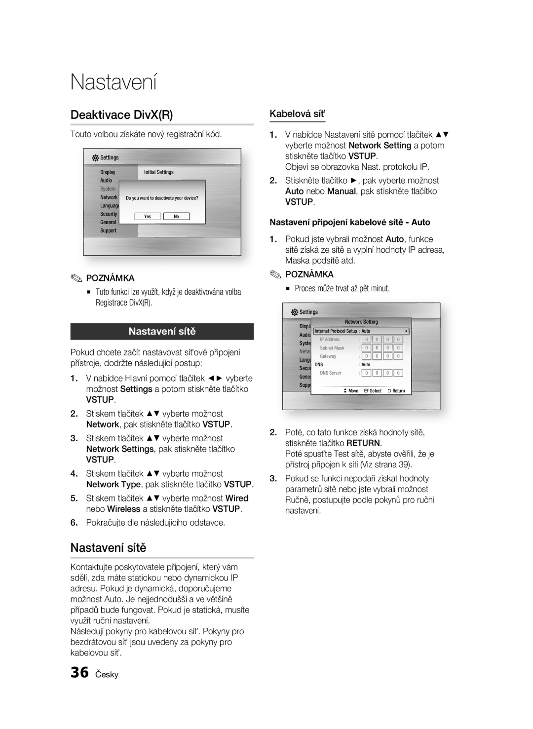 Samsung BD-C5300/EDC, BD-C5300/XEN Deaktivace DivXR, Nastavení sítě, Kabelová síť, Nastavení připojení kabelové sítě Auto 