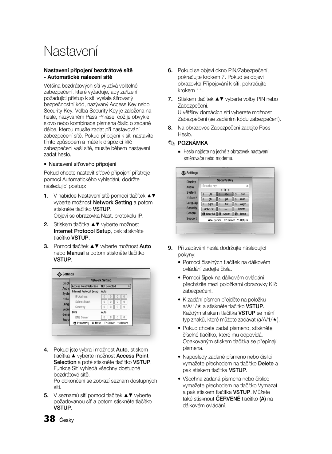 Samsung BD-C5300/XEF  Nastavení síťového připojení, Stiskem tlačítek vyberte volby PIN nebo Zabezpečení, Tlačítko Vstup 