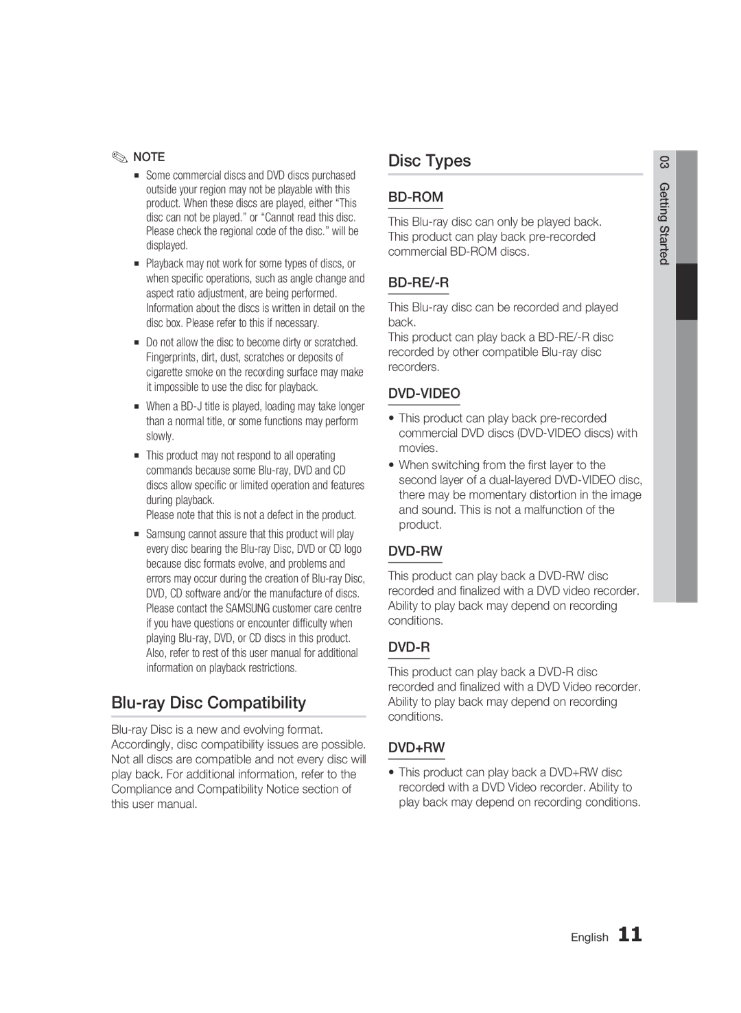 Samsung BD-C5300/XEE, BD-C5300/EDC, BD-C5300/XEN, BD-C5300/XEF manual Blu-ray Disc Compatibility Disc Types, Bd-Rom 