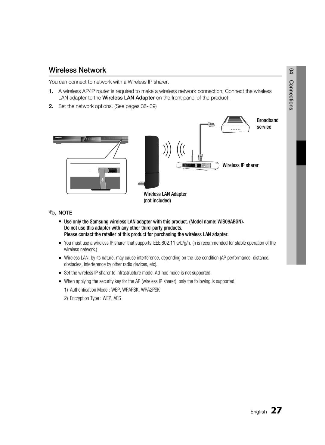 Samsung BD-C5300/XEE manual Wireless Network, You can connect to network with a Wireless IP sharer, Broadband service 