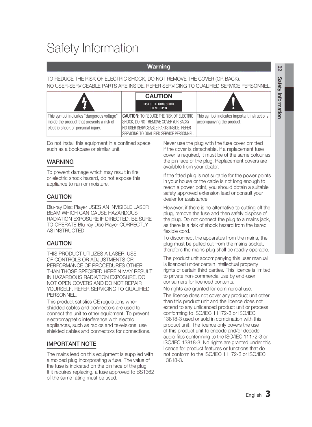 Samsung BD-C5300/XEE, BD-C5300/EDC, BD-C5300/XEN, BD-C5300/XEF manual Safety Information, Important Note 