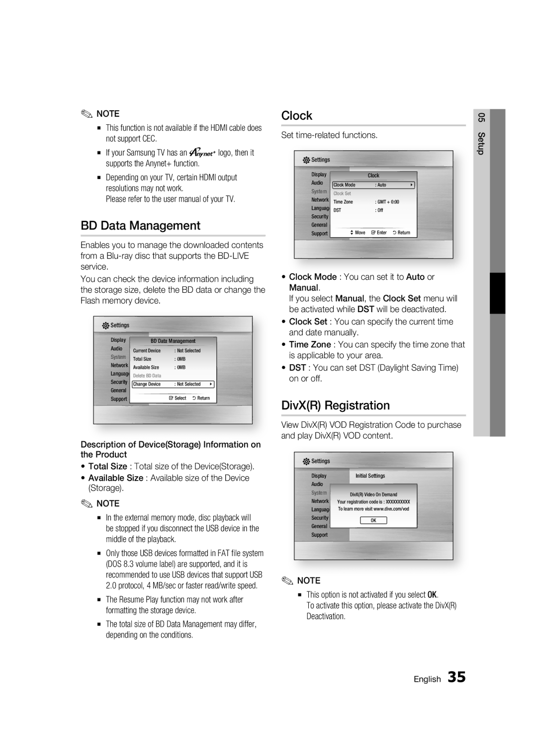 Samsung BD-C5300/XEE, BD-C5300/EDC, BD-C5300/XEN BD Data Management, Clock, DivXR Registration, Set time-related functions 