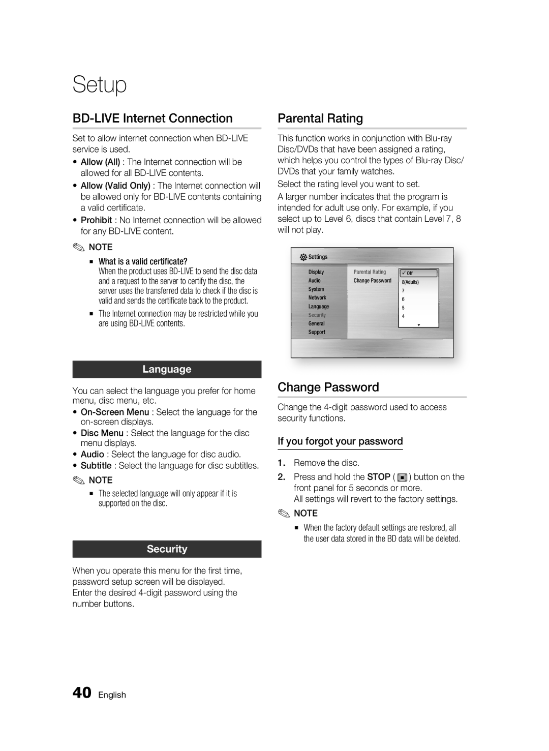 Samsung BD-C5300/EDC, BD-C5300/XEN manual BD-LIVE Internet Connection, Parental Rating, Change Password, Language, Security 