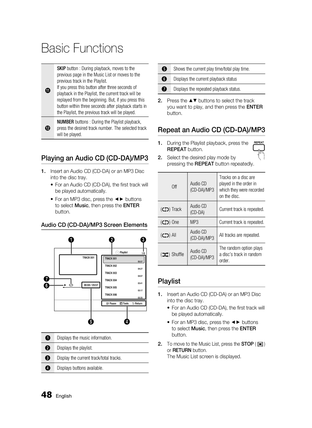 Samsung BD-C5300/EDC, BD-C5300/XEN, BD-C5300/XEF manual Playing an Audio CD CD-DA/MP3, Repeat an Audio CD CD-DA/MP3, Playlist 