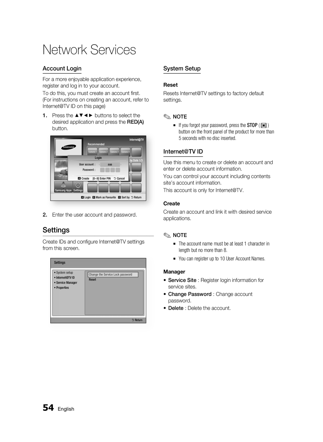 Samsung BD-C5300/XEF, BD-C5300/EDC, BD-C5300/XEN, BD-C5300/XEE manual Settings, Account Login, System Setup, Internet@TV ID 