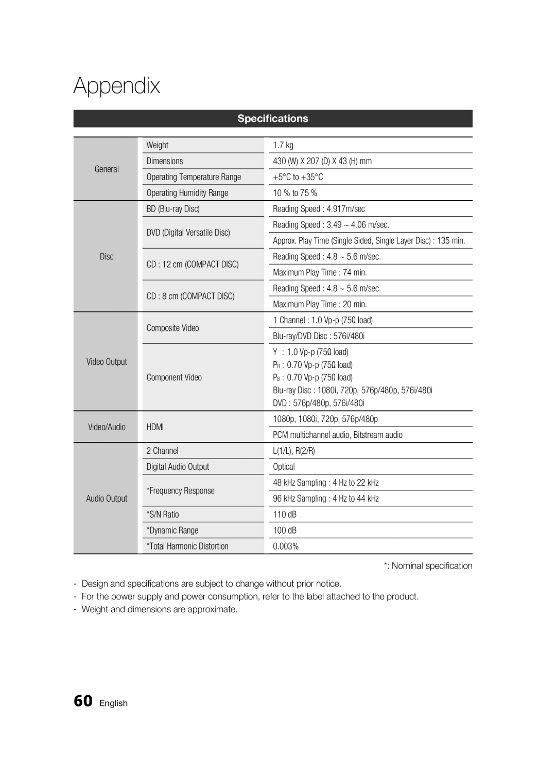 Samsung BD-C5300/EDC, BD-C5300/XEN, BD-C5300/XEF manual Specifications, Weight, Dimensions X 207 D X 43 H mm, +5C to +35C 