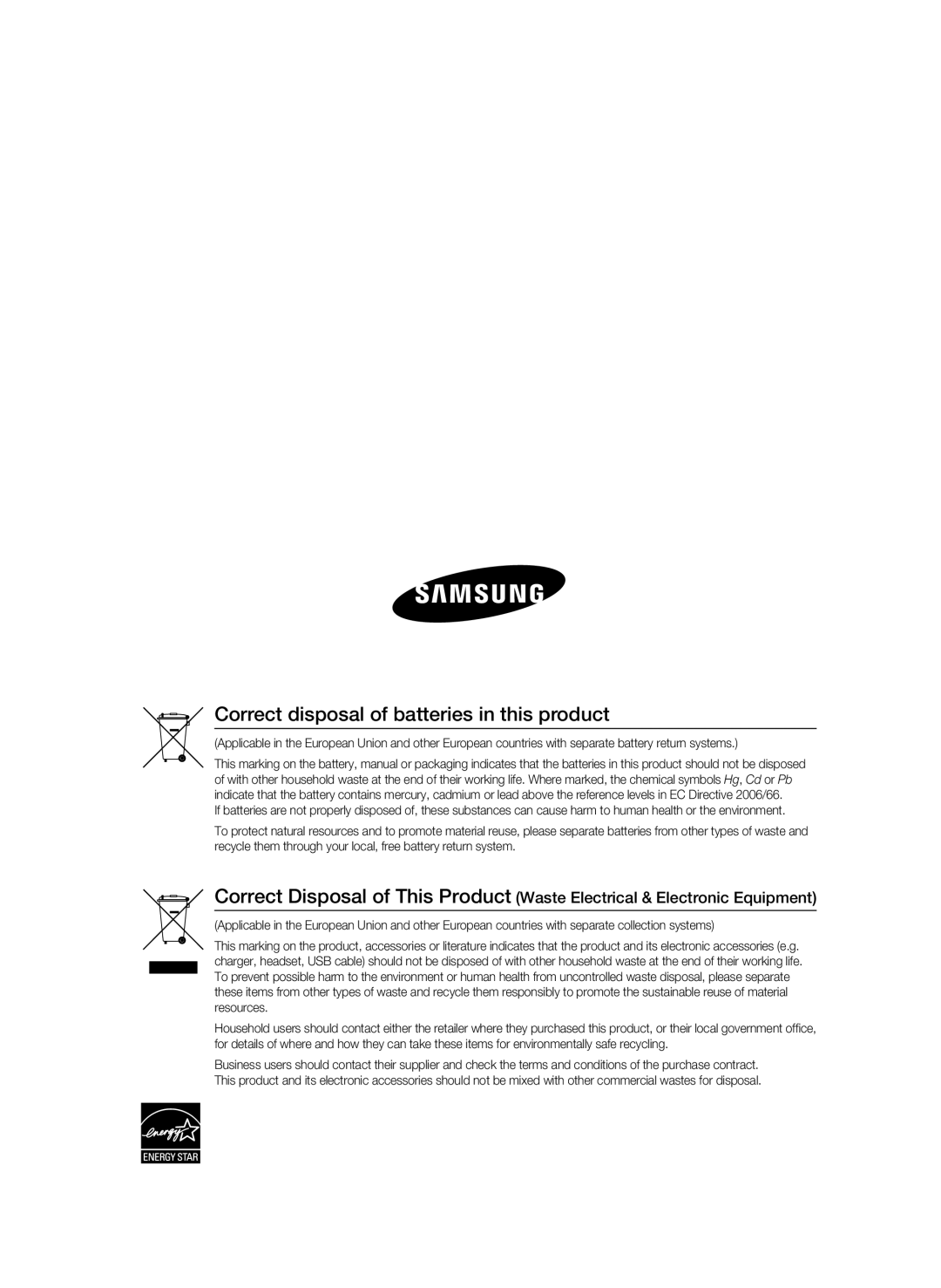 Samsung BD-C5300/XEN, BD-C5300/EDC, BD-C5300/XEF, BD-C5300/XEE manual Correct disposal of batteries in this product 