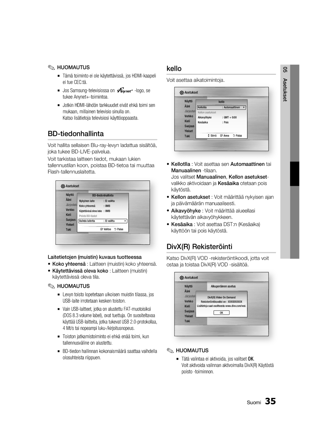 Samsung BD-C5300/XEE manual BD-tiedonhallinta, Kello, DivXR Rekisteröinti 