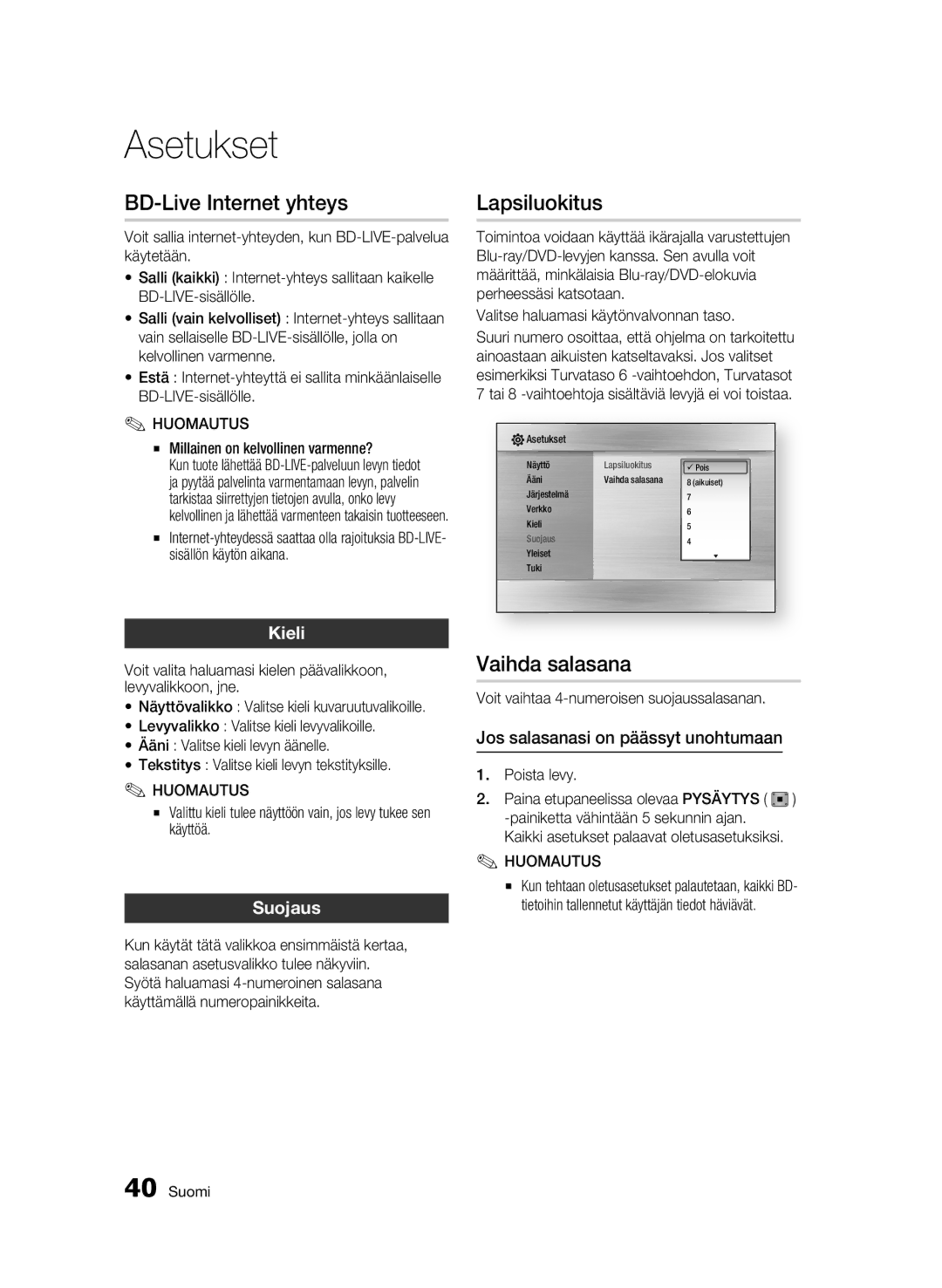 Samsung BD-C5300/XEE manual BD-Live Internet yhteys, Lapsiluokitus, Vaihda salasana, Kieli, Suojaus 