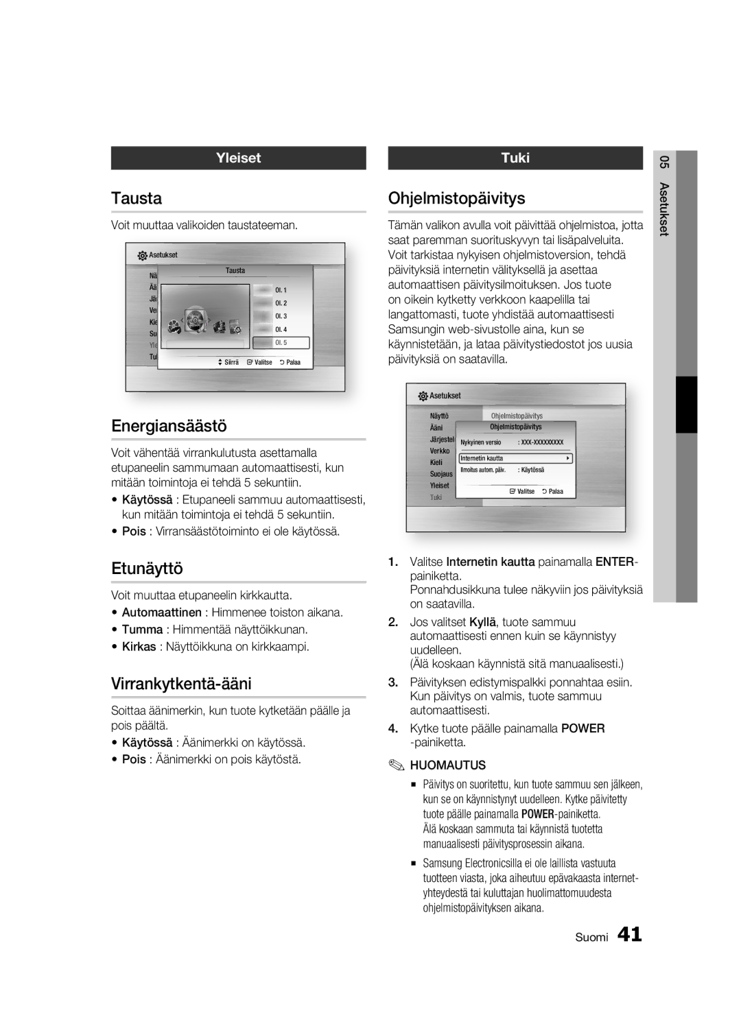 Samsung BD-C5300/XEE manual Tausta, Energiansäästö, Etunäyttö, Virrankytkentä-ääni, Ohjelmistopäivitys 