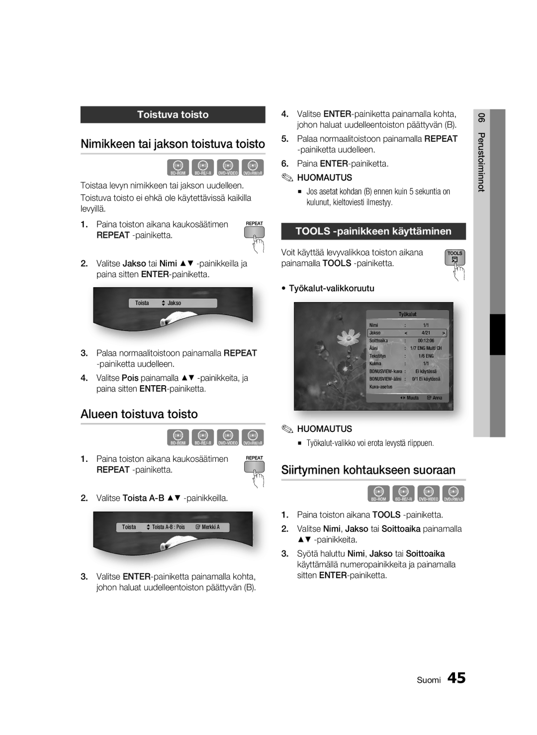 Samsung BD-C5300/XEE manual Nimikkeen tai jakson toistuva toisto, Alueen toistuva toisto, Siirtyminen kohtaukseen suoraan 