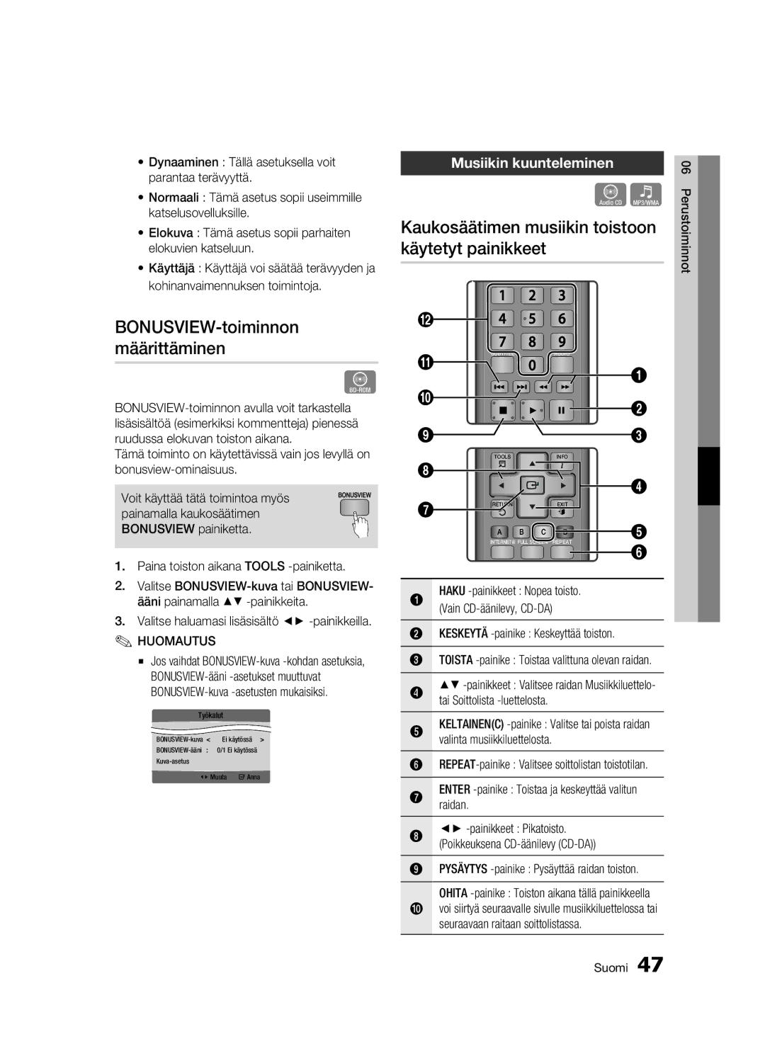 Samsung BD-C5300/XEE manual Kaukosäätimen musiikin toistoon käytetyt painikkeet, BONUSVIEW-toiminnon määrittäminen 