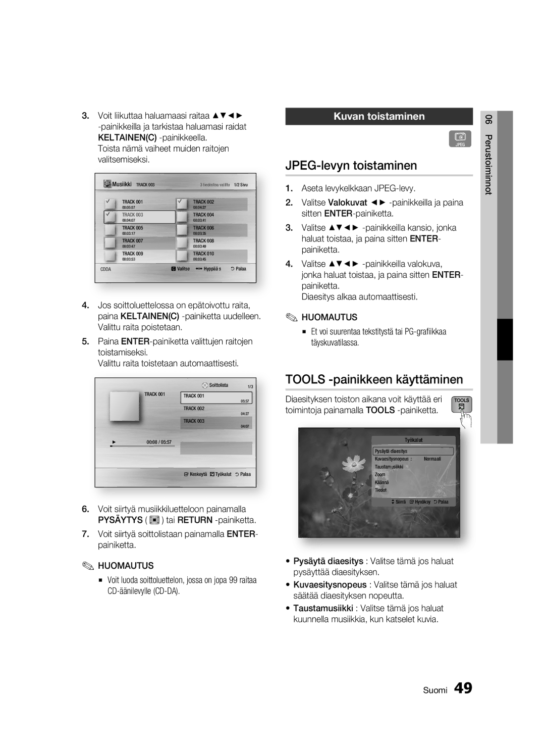 Samsung BD-C5300/XEE manual JPEG-levyn toistaminen, Tools -painikkeen käyttäminen, Kuvan toistaminen 