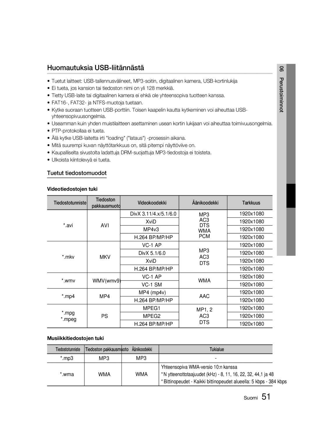 Samsung BD-C5300/XEE Huomautuksia USB-liitännästä, Tuetut tiedostomuodot, Videotiedostojen tuki, Musiikkitiedostojen tuki 