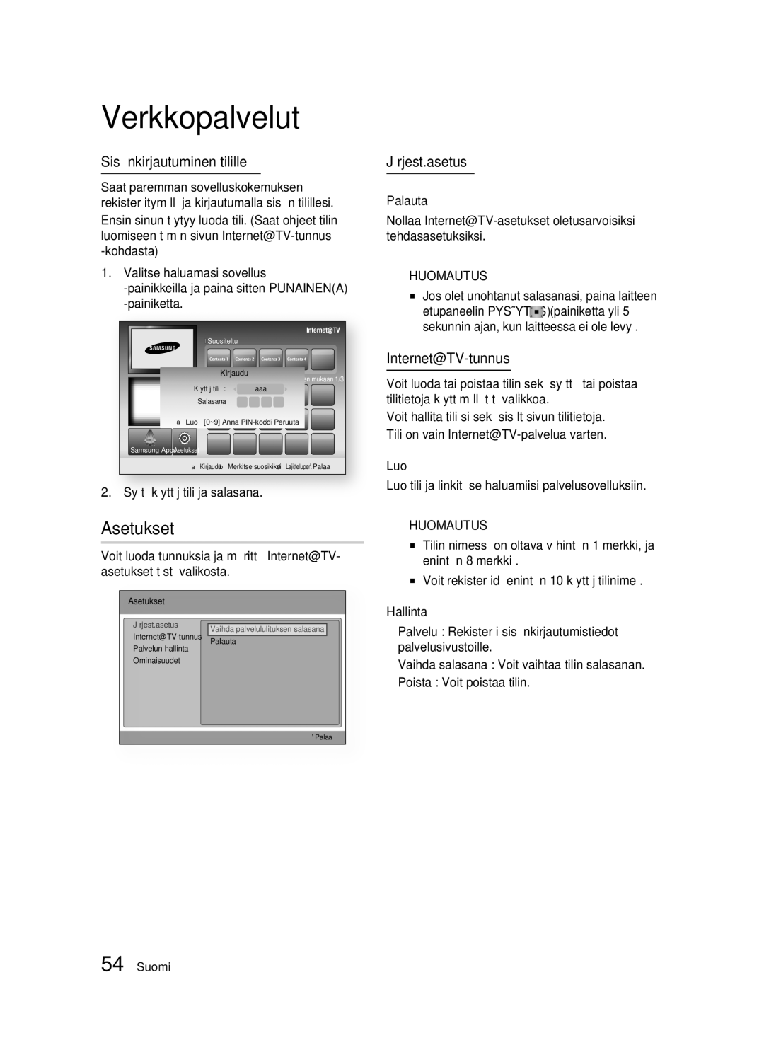 Samsung BD-C5300/XEE manual Asetukset, Sisäänkirjautuminen tilille, Järjest.asetus, Internet@TV-tunnus 