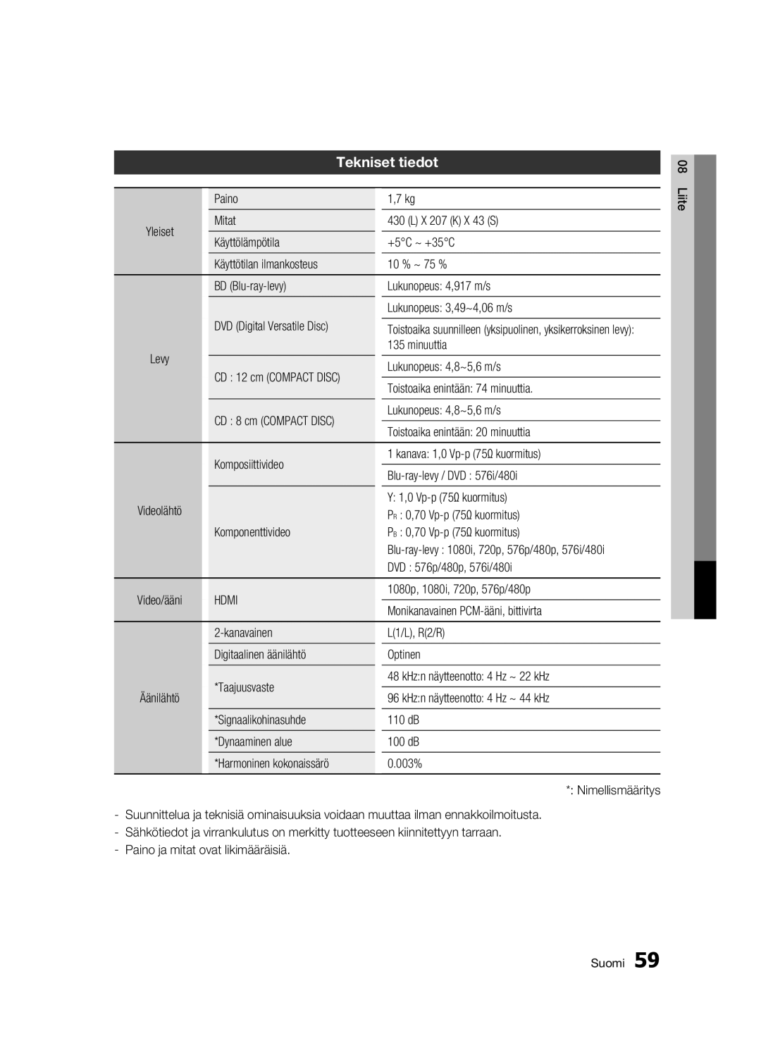 Samsung BD-C5300/XEE manual Tekniset tiedot 