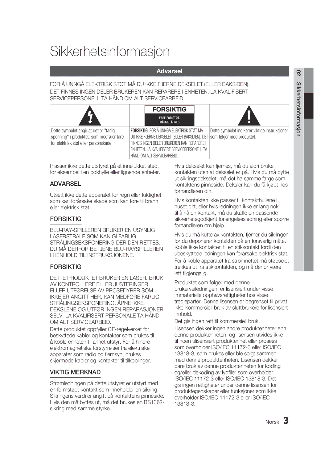 Samsung BD-C5300/XEE manual Sikkerhetsinformasjon, For elektrisk støt eller personskade 