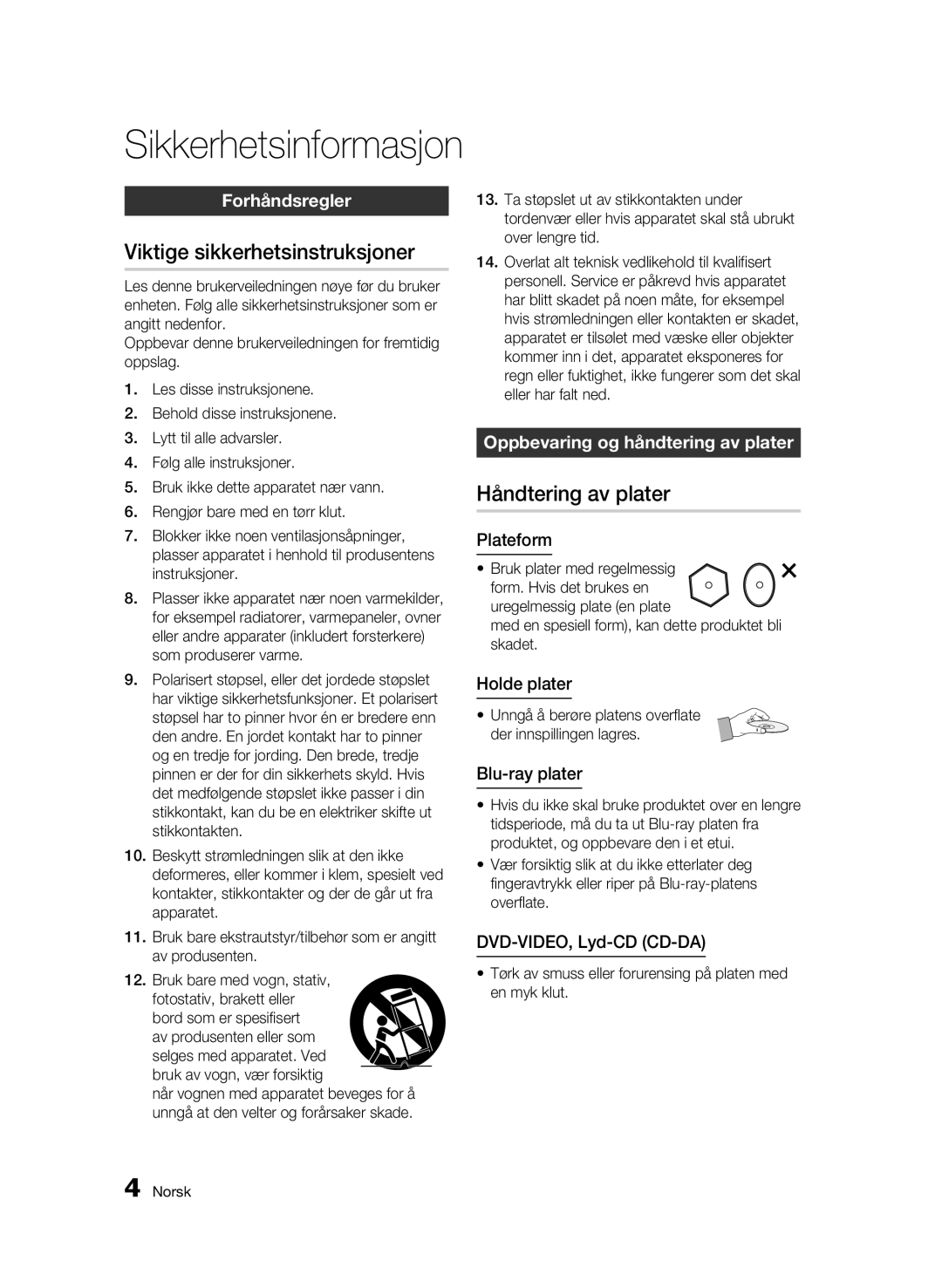 Samsung BD-C5300/XEE manual Viktige sikkerhetsinstruksjoner, Håndtering av plater, Forhåndsregler 