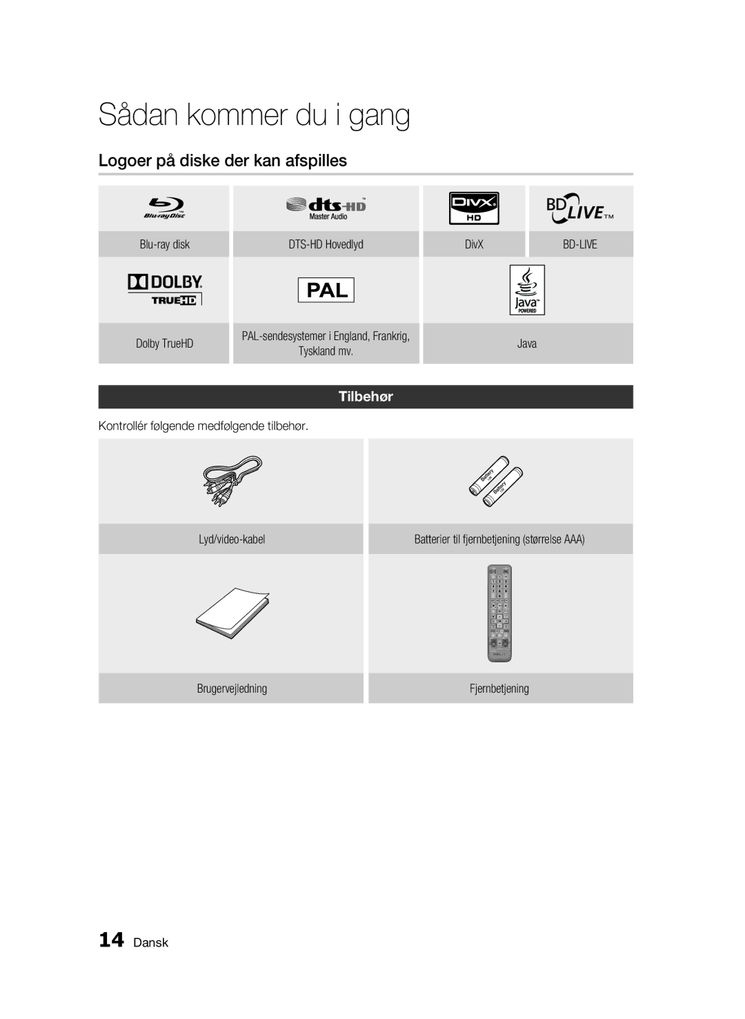 Samsung BD-C5300/XEE manual Logoer på diske der kan afspilles, Tilbehør, Blu-ray disk Dolby TrueHD DTS-HD Hovedlyd, Java 