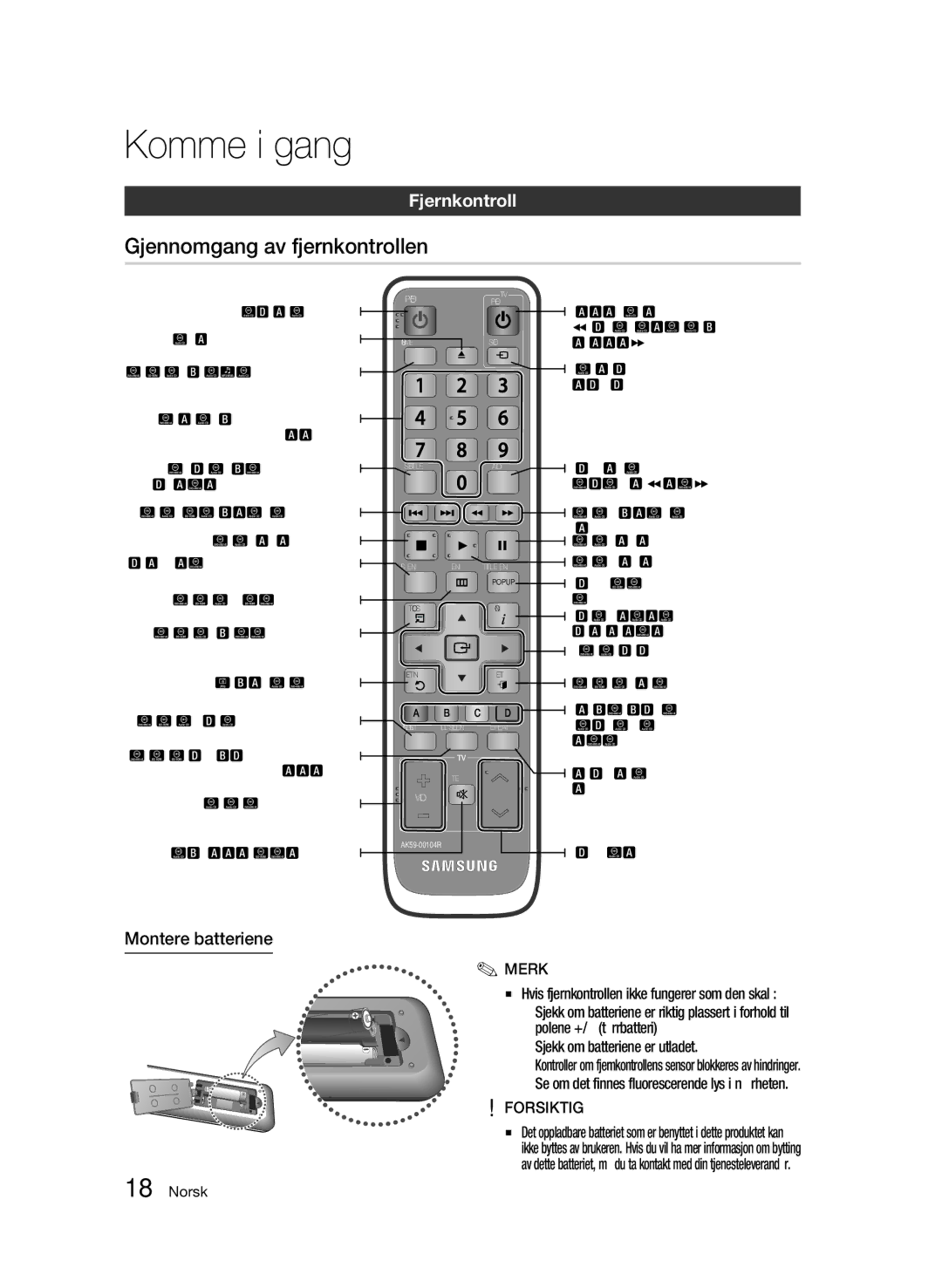 Samsung BD-C5300/XEE manual Gjennomgang av fjernkontrollen, Fjernkontroll, Montere batteriene, Forsiktig 